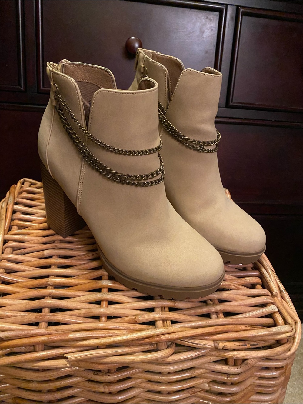 Report Beige Chain-Accent Ankle Booties